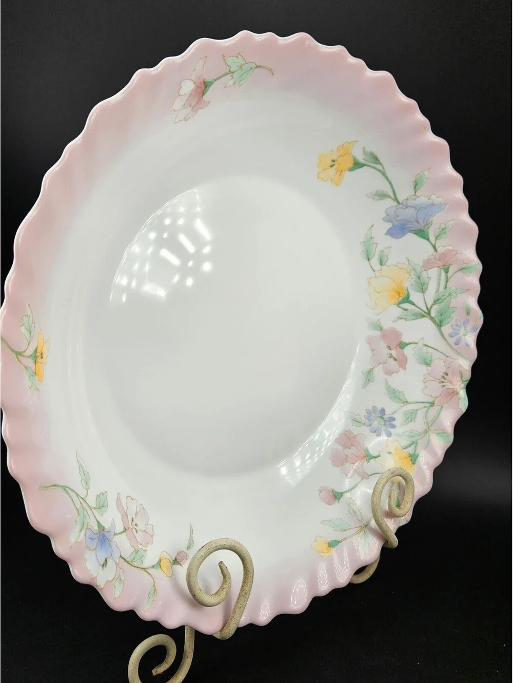 Vtg Arcopal France Elise Large Round Low Serving Bowl Pink Ombre Rim Floral 11